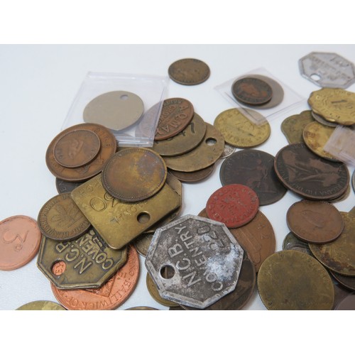 174 - Coins, pit checks, tokens, 1815 halfpenny token, some silver