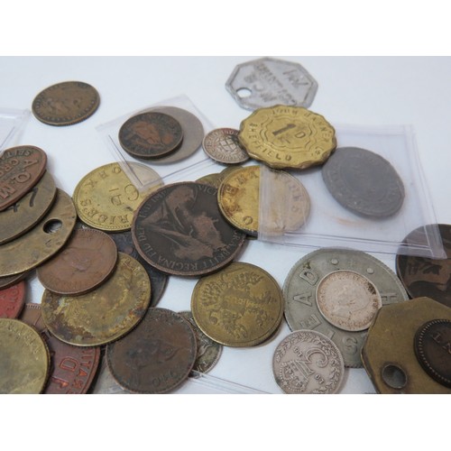 174 - Coins, pit checks, tokens, 1815 halfpenny token, some silver