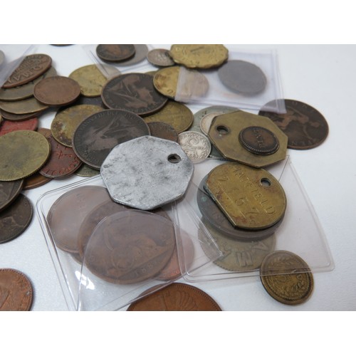 174 - Coins, pit checks, tokens, 1815 halfpenny token, some silver