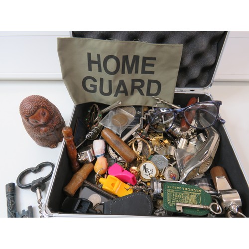 195 - Hardcase full of miscellaneous items including corkscrews, coins, bottle openers, whistles, badges e... 