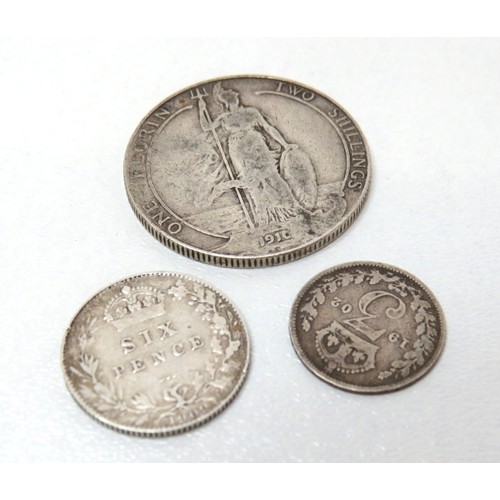 181 - Pre 1920 silver coins, 1910 florin, 1906 6d and 1902 3d