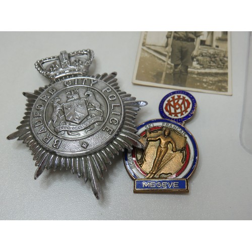 179 - Old Bradford constabulary helmet badge, WWII medal, notes, badges