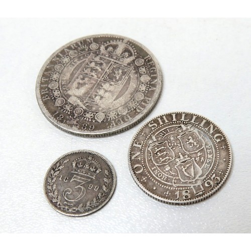 185 - Victorian silver coins, 1889 halfcrown, 1893 shilling and 1899 3d