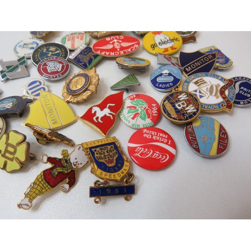 193 - Forty various badges including enamel, butlins, speedway, rupert, curling etc