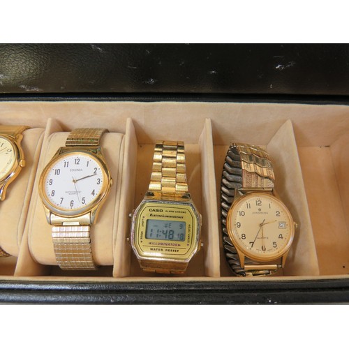 432 - Watch box with eleven gents working watches to include, Rotary, Sekonda and Casio digital.