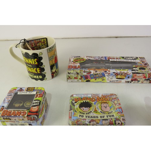 393 - Beano items cup, cufflinks, pen and pencil playing card six figures