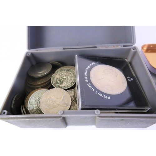 183 - Box of coins, banknotes, tokens, books etc