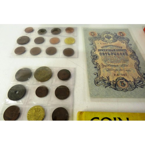 183 - Box of coins, banknotes, tokens, books etc