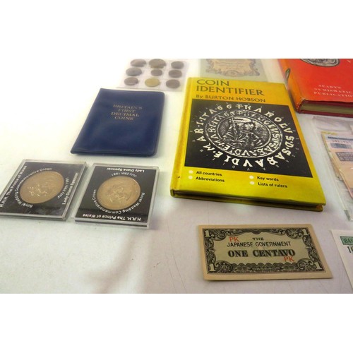 183 - Box of coins, banknotes, tokens, books etc