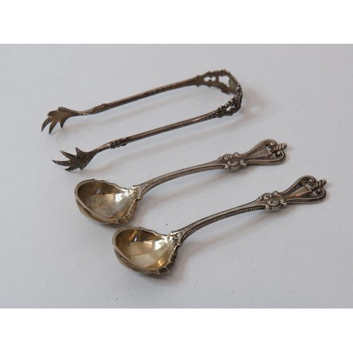 240 - Two silver spoons and silver tongs -38g