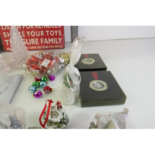 572 - Box of christmas decorations and two signs