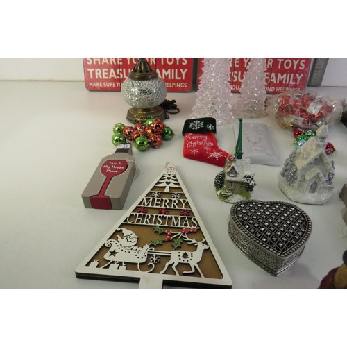 572 - Box of christmas decorations and two signs