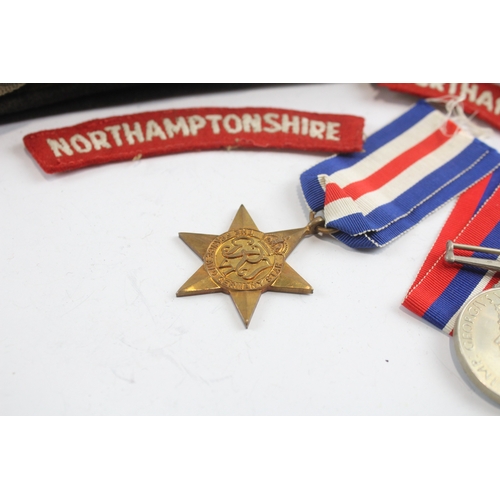 12 - WW2 Boxed Army Medal Group with Side Cap & Shoulder Titles