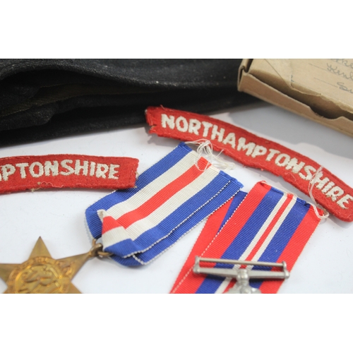 12 - WW2 Boxed Army Medal Group with Side Cap & Shoulder Titles