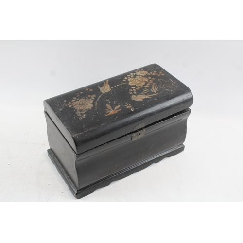 49 - Antique Lacquered Tea Caddy with Birds & Floral Motif