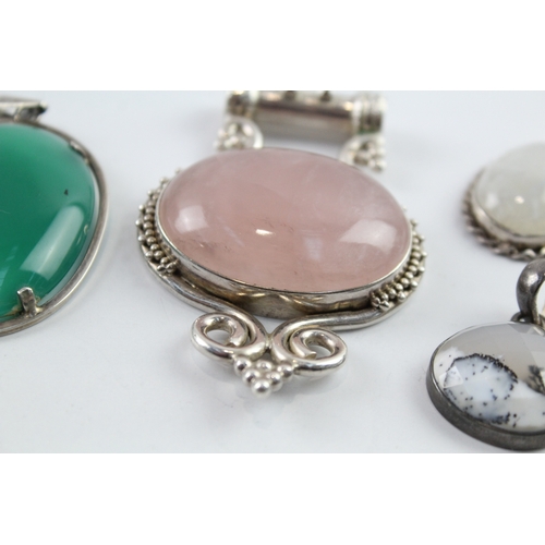 70 - Collection of Sterling Silver Gemstone Pendants inc. Mother of Pearl, Rose Quartz x 5 102g