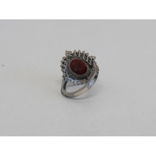 14 - Silver Diamond and cabochon cup ruby cluster ring