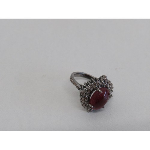 14 - Silver Diamond and cabochon cup ruby cluster ring