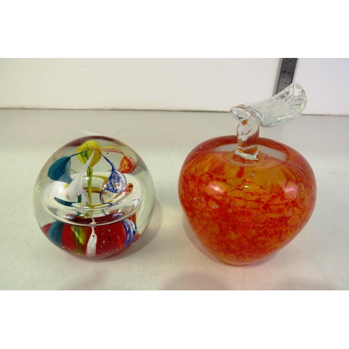 376 - Pair of vintage murano style glass paperweights apple and colour art