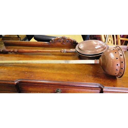 379 - Vintage copper bed warming pan and antique copper posser