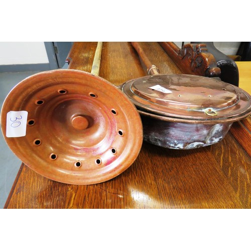 379 - Vintage copper bed warming pan and antique copper posser