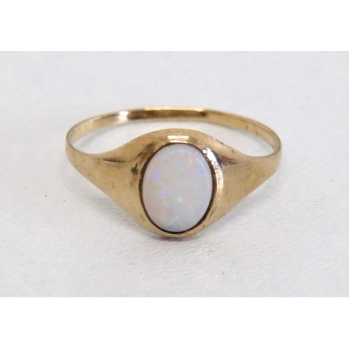 42 - 9ct gold opal solitaire ring size P, weight 1.1g.