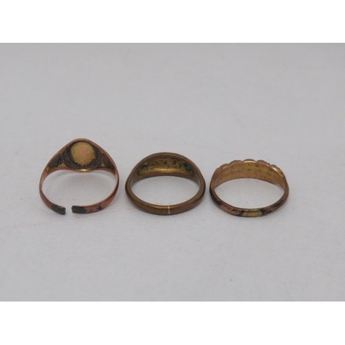 57 - 9ct Rose gold signet ring (broken) weight 1.6g and two rolled gold rings.