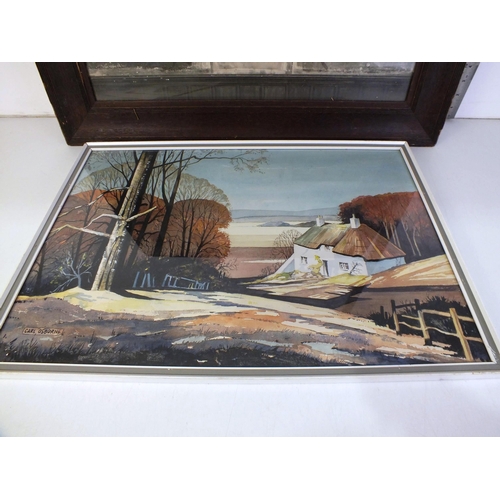 170 - Carl Osborne  Watercolor signed A country cottage and a framed print of the last supper