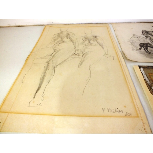 171 - Modern British study by P- Phillips nude and a 19th century study Horse and rider etc