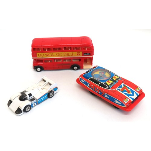 198 - Vintage Minic Motorways bus, Bandai Popy Robo machine MR-20 and 1960's Jimmy Toys tin car with spinn... 