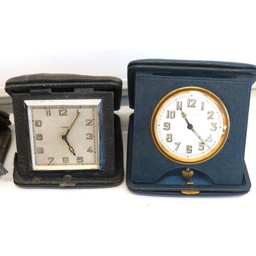 264 - Seven vintage travel alarm clocks to include Art Deco.