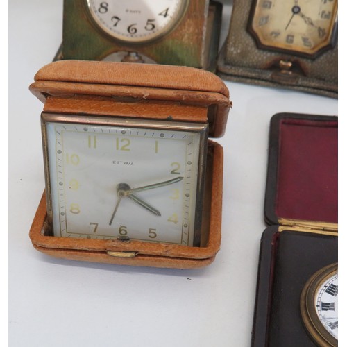 264 - Seven vintage travel alarm clocks to include Art Deco.