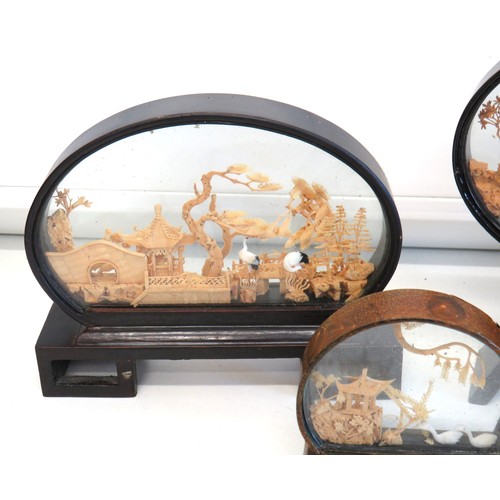 267 - Three oriental Chinese carved cork diorama ornaments.