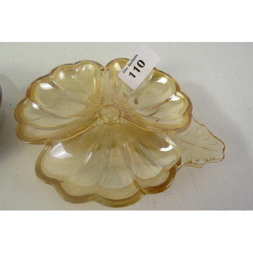 110 - Marigold carnival glass three leaf clover dish and glazed retro ashtray