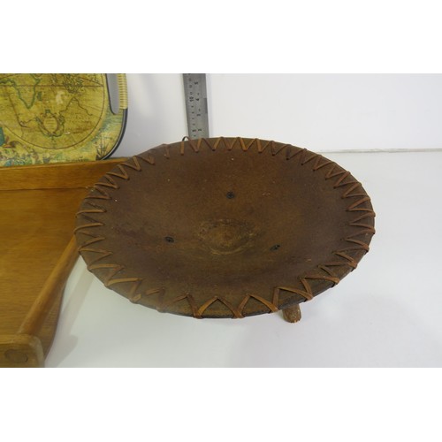 302 - Mixed vintage lot to include pair of trays, mid-century teak and old world map, pair of decorative p... 