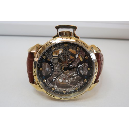 190 - Men's Pioneer skeleton automatic Watch Eght Leder Germany, boxed in working order.