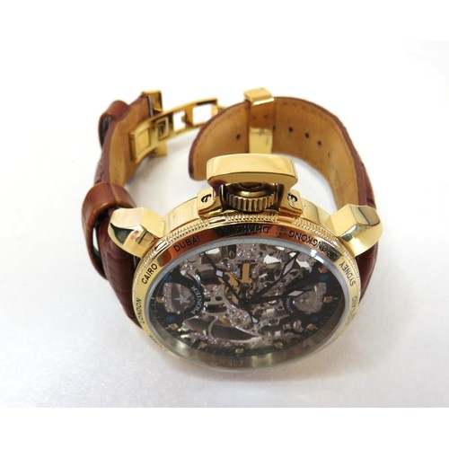 190 - Men's Pioneer skeleton automatic Watch Eght Leder Germany, boxed in working order.