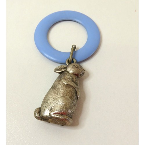 82 - Art Deco 1930s Sterling Silver Rabbit baby rattle.