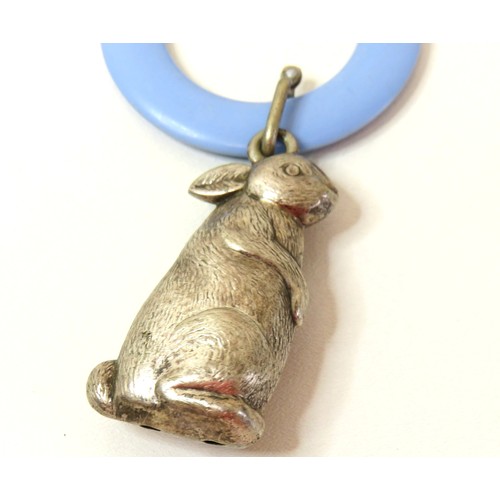 82 - Art Deco 1930s Sterling Silver Rabbit baby rattle.