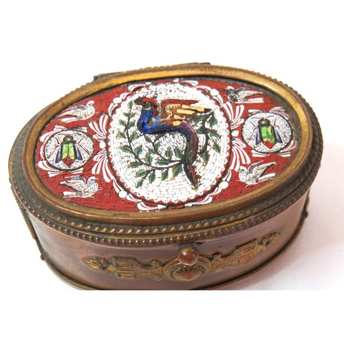 88 - An Italian micro mosaic enamelled gilt brass silk lined trinket box with hinged lid.
H4.5cms x W7.5c... 