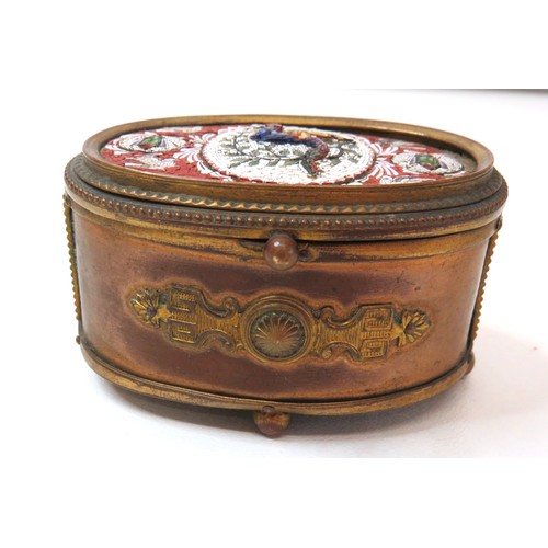 88 - An Italian micro mosaic enamelled gilt brass silk lined trinket box with hinged lid.
H4.5cms x W7.5c... 