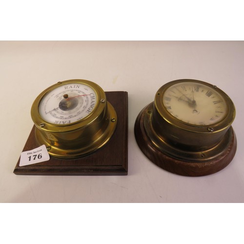 176 - Brass ships clock and brass barometer