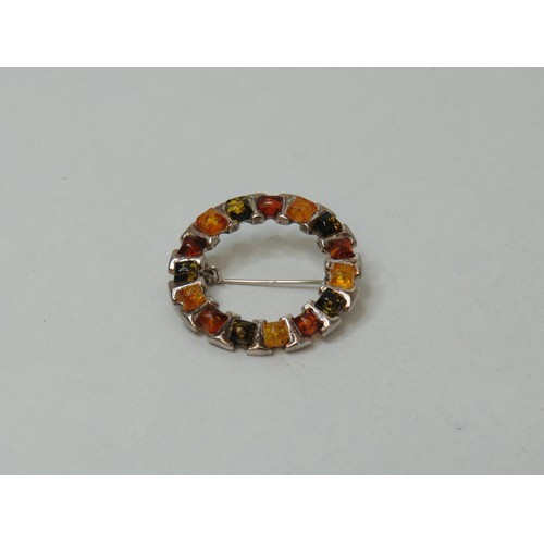 167 - Green amber and amber circle 925 brooch