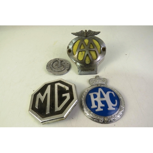 432 - Four automobilia badges including AA, RAC, MG and one other