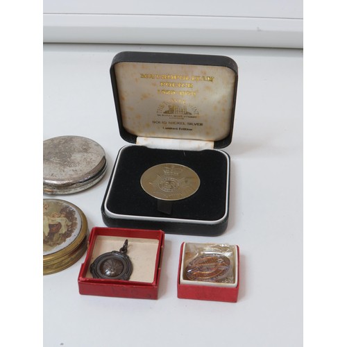 256 - Mixed lot of collectables to include silver spoon, medals, coins, cap badges, pierre cardin lighter ... 