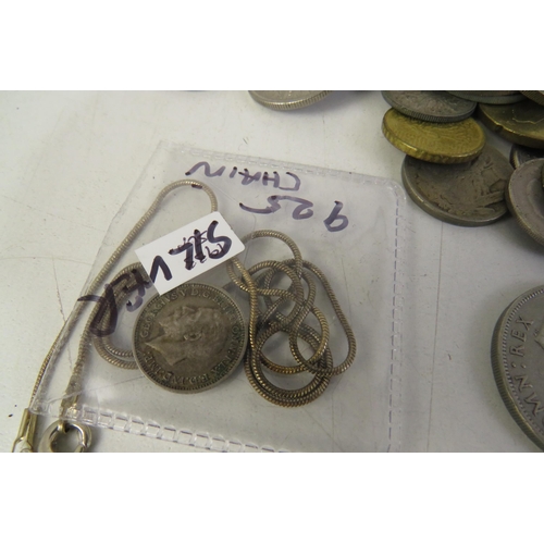 181 - Collection of coinage including a silver chain 925 and crowns