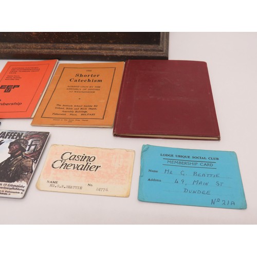 81 - Vintage Imperial Pen Company wooden desk tidy with ephemera booklets and German Magnet.