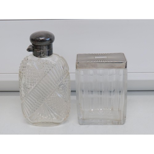 47 - Silver topped art deco vanity jar and bottle with white metal topper