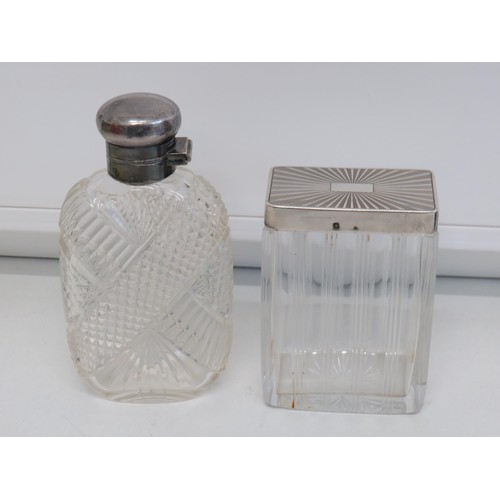 47 - Silver topped art deco vanity jar and bottle with white metal topper