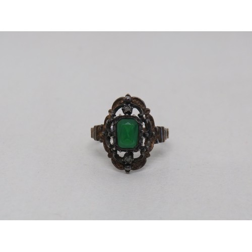 17 - Antique yellow metal diamond chip green stone ring